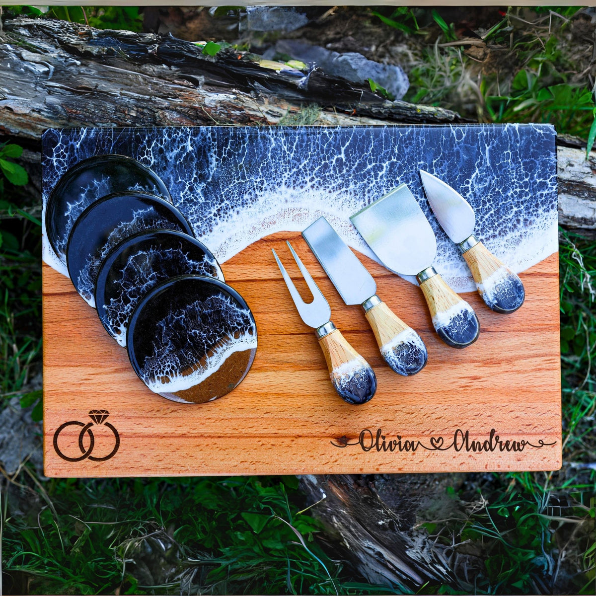 Personalize Black Resin Charcuterie Board for Wedding Gift Unique Couple, Custom Cheese Board for Engagement | MenecWood